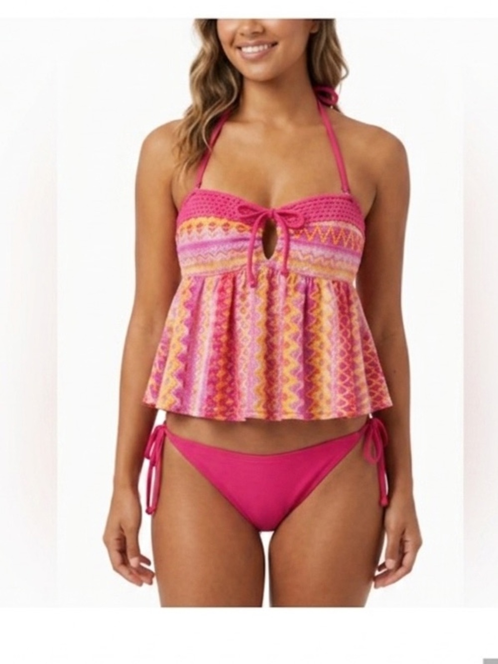 Samiol Pink tankini - Bikini Set Size S Crochet Boho Top Tie Side